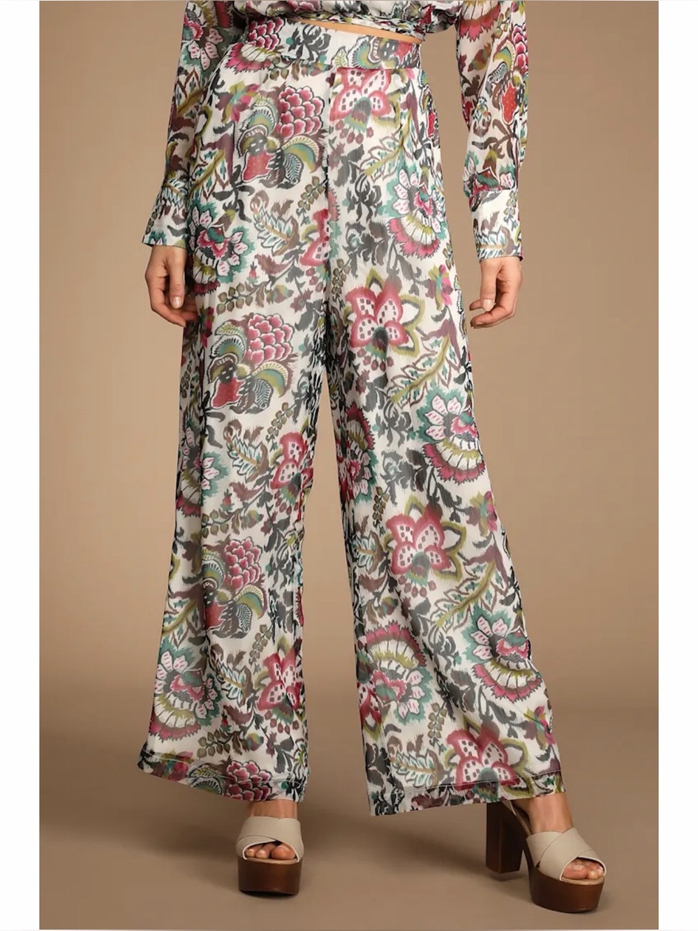 NWT Lulus Being Breezy Ivory Multi Floral Print Wide-Leg Pants